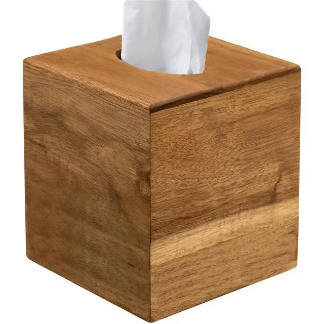 Main image of Tissue Box Cover Square, Acacia Wood Tissue Box Holder with Slide-Out Bottom, Wooden Tissue Box Cover Cube for Bathroom, Bedroom, Dinner Table, 5.5 x 5.5 x 6.1 inches