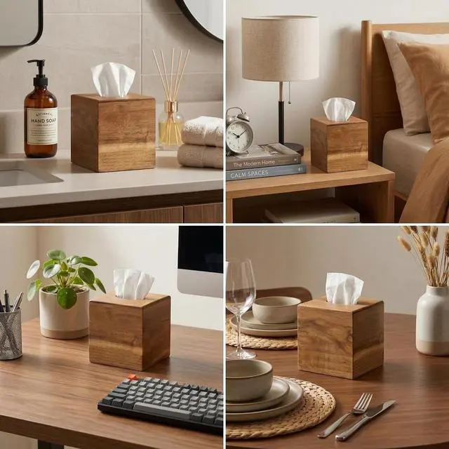 Alt view image 2 of 7 - Tissue Box Cover Square, Acacia Wood Tissue Box Holder with Slide-Out Bottom, Wooden Tissue Box Cover Cube for Bathroom, Bedroom, Dinner Table, 5.5 x 5.5 x 6.1 inches