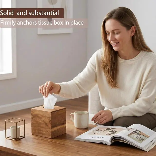 Alt view image 3 of 7 - Tissue Box Cover Square, Acacia Wood Tissue Box Holder with Slide-Out Bottom, Wooden Tissue Box Cover Cube for Bathroom, Bedroom, Dinner Table, 5.5 x 5.5 x 6.1 inches