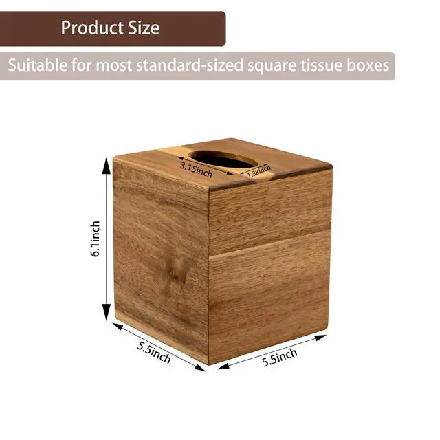 Alt view image 5 of 7 - Tissue Box Cover Square, Acacia Wood Tissue Box Holder with Slide-Out Bottom, Wooden Tissue Box Cover Cube for Bathroom, Bedroom, Dinner Table, 5.5 x 5.5 x 6.1 inches