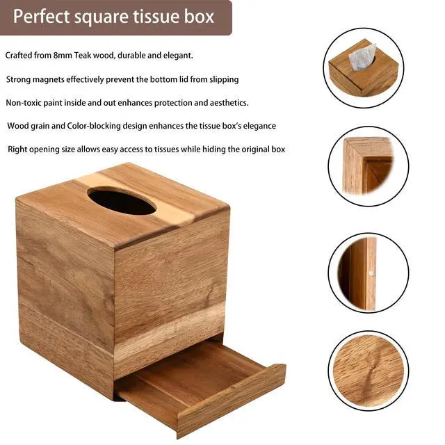 Alt view image 4 of 7 - Tissue Box Cover Square, Acacia Wood Tissue Box Holder with Slide-Out Bottom, Wooden Tissue Box Cover Cube for Bathroom, Bedroom, Dinner Table, 5.5 x 5.5 x 6.1 inches