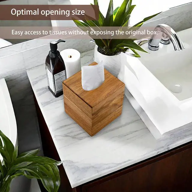 Alt view image 6 of 7 - Tissue Box Cover Square, Acacia Wood Tissue Box Holder with Slide-Out Bottom, Wooden Tissue Box Cover Cube for Bathroom, Bedroom, Dinner Table, 5.5 x 5.5 x 6.1 inches