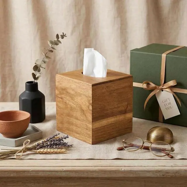 Alt view image 7 of 7 - Tissue Box Cover Square, Acacia Wood Tissue Box Holder with Slide-Out Bottom, Wooden Tissue Box Cover Cube for Bathroom, Bedroom, Dinner Table, 5.5 x 5.5 x 6.1 inches