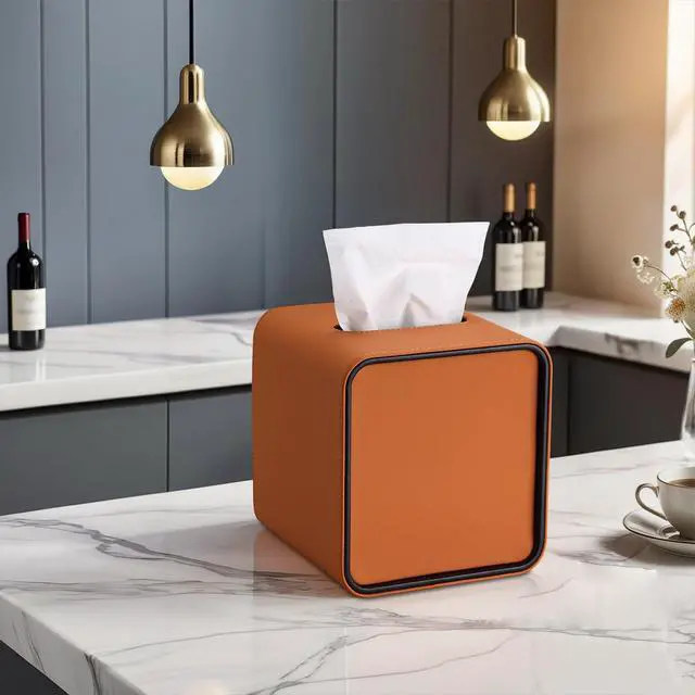 Alt view image 2 of 7 - Square Tissue Box Cover for Kleenexs, PU Leather Tissue Box Holder, Decorative Tissue Holder Cover for Bathroom Bedroom Living Room Office, Orange
