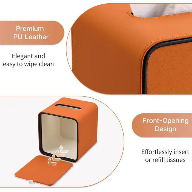 Alt view image 3 of 7 - Square Tissue Box Cover for Kleenexs, PU Leather Tissue Box Holder, Decorative Tissue Holder Cover for Bathroom Bedroom Living Room Office, Orange