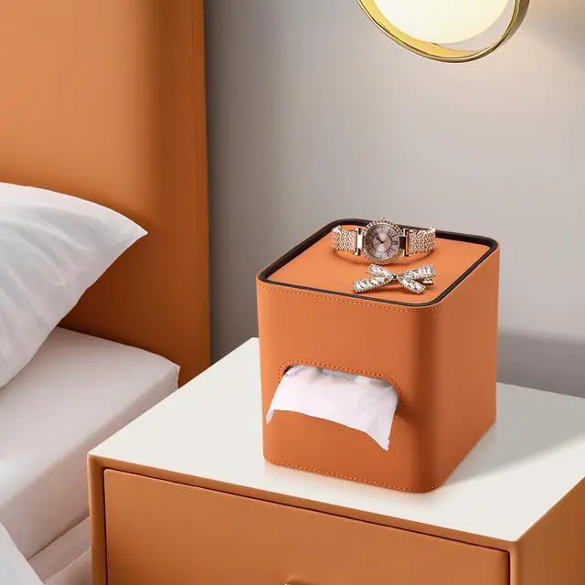 Alt view image 5 of 7 - Square Tissue Box Cover for Kleenexs, PU Leather Tissue Box Holder, Decorative Tissue Holder Cover for Bathroom Bedroom Living Room Office, Orange