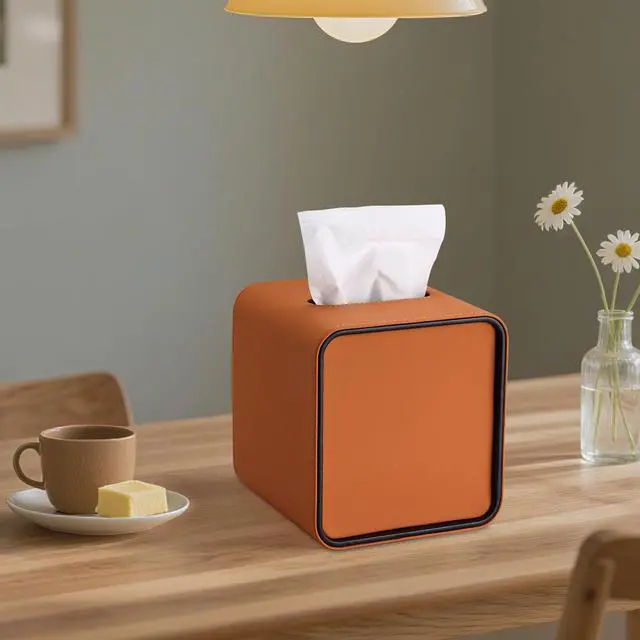 Alt view image 6 of 7 - Square Tissue Box Cover for Kleenexs, PU Leather Tissue Box Holder, Decorative Tissue Holder Cover for Bathroom Bedroom Living Room Office, Orange