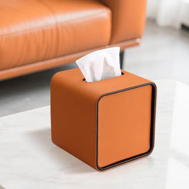 Alt view image 7 of 7 - Square Tissue Box Cover for Kleenexs, PU Leather Tissue Box Holder, Decorative Tissue Holder Cover for Bathroom Bedroom Living Room Office, Orange