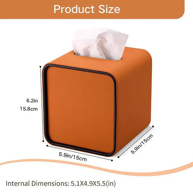 Alt view image 4 of 7 - Square Tissue Box Cover for Kleenexs, PU Leather Tissue Box Holder, Decorative Tissue Holder Cover for Bathroom Bedroom Living Room Office, Orange