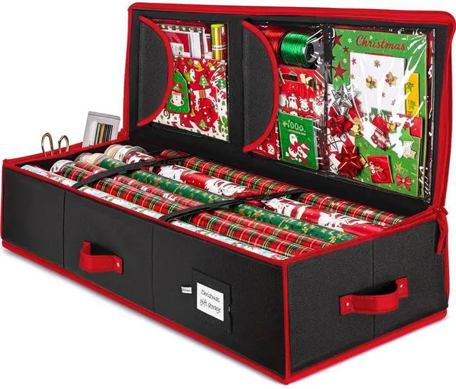 Main image of 600D Oxford Gift Wrapping Paper Organizer Storage - 40" Gift Wrap Storage Containers with Interior Pockets for Bows, Tags & Ribbons - Wrapping Paper Holder, Fits 24 Standard Rolls, Black/Red
