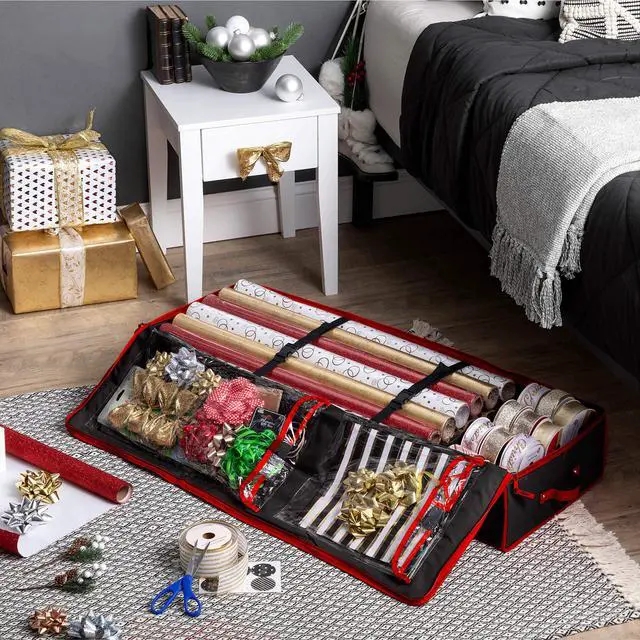 Alt view image 2 of 7 - 600D Oxford Gift Wrapping Paper Organizer Storage - 40" Gift Wrap Storage Containers with Interior Pockets for Bows, Tags & Ribbons - Wrapping Paper Holder, Fits 24 Standard Rolls, Black/Red