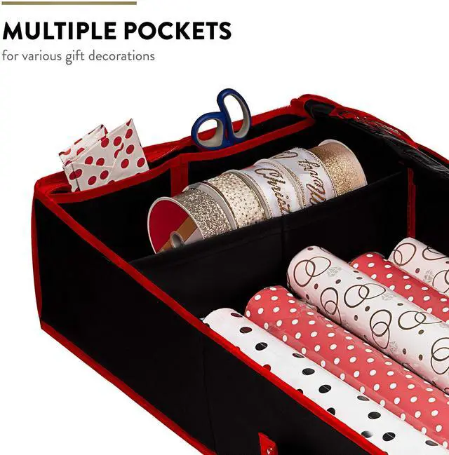 Alt view image 4 of 7 - 600D Oxford Gift Wrapping Paper Organizer Storage - 40" Gift Wrap Storage Containers with Interior Pockets for Bows, Tags & Ribbons - Wrapping Paper Holder, Fits 24 Standard Rolls, Black/Red