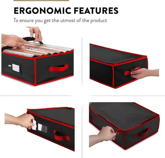 Alt view image 7 of 7 - 600D Oxford Gift Wrapping Paper Organizer Storage - 40" Gift Wrap Storage Containers with Interior Pockets for Bows, Tags & Ribbons - Wrapping Paper Holder, Fits 24 Standard Rolls, Black/Red