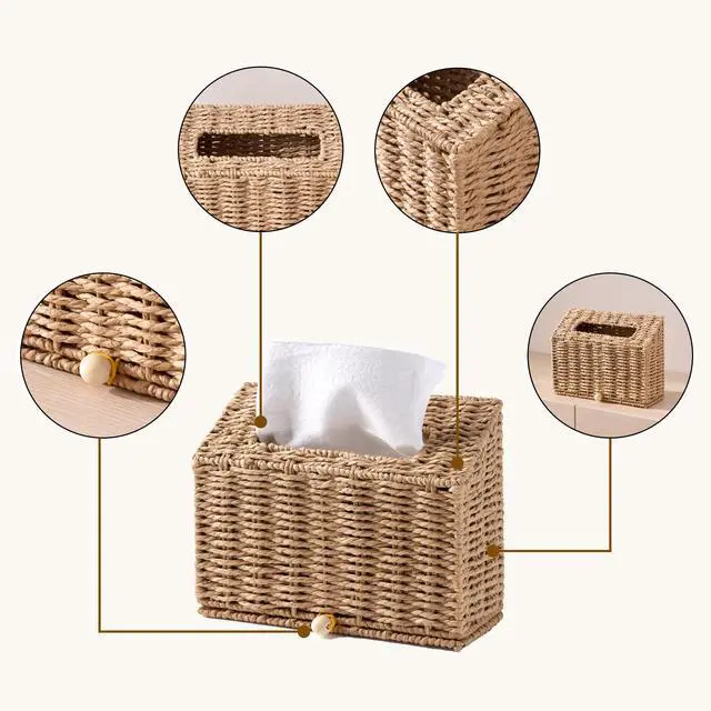 Alt view image 5 of 6 - Hand Towel Box Cover, Designed for Kleenex Disposable Hand Towels, Paper Rope Tissue Box for Bathroom, Powder Room, Bedroom (Brown)