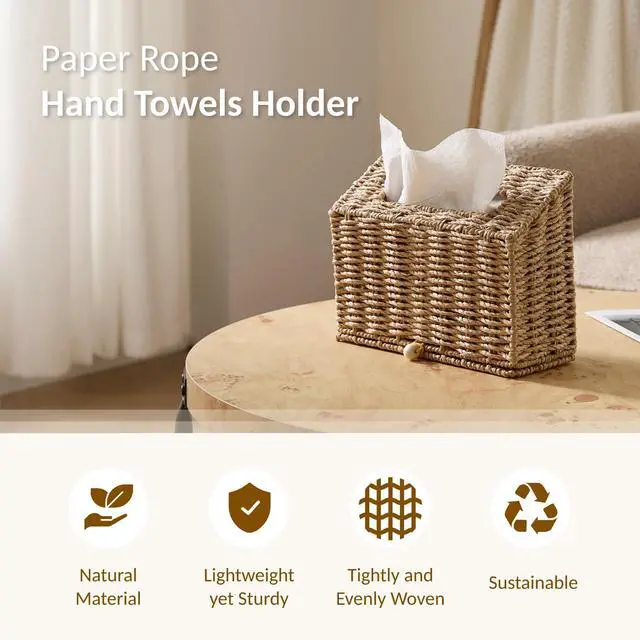 Alt view image 4 of 6 - Hand Towel Box Cover, Designed for Kleenex Disposable Hand Towels, Paper Rope Tissue Box for Bathroom, Powder Room, Bedroom (Brown)