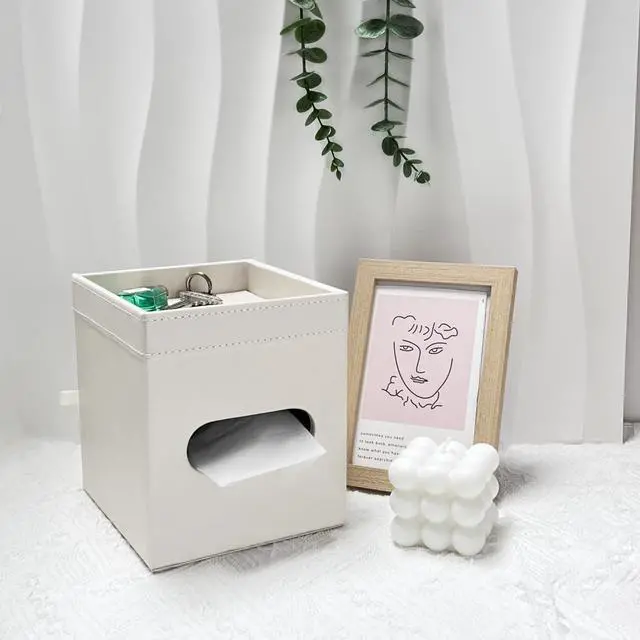 Alt view image 6 of 6 - PU Leather Tissue Box Cover Square, Modern Tissue Holder with Storage Valet Tray, Nightstand Decorative Tissues Case, Facial Tissue Box Holder for Bathroom,Bedroom,Livingroom and Office (Beige)