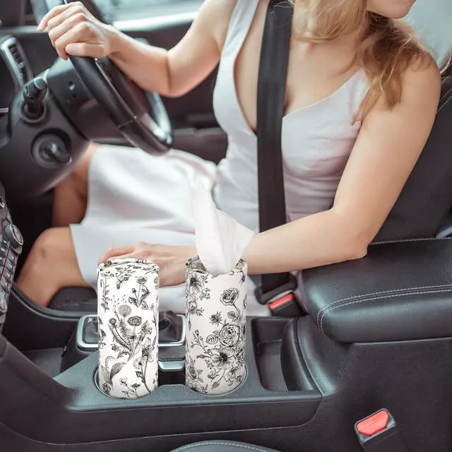 Alt view image 2 of 7 - 16 Pcs Vintage Floral Round Tissues Box Car Holder with Facial Tissue Bulk Black Flower Travel Tubes for Car with 50 Sheets Christmas Cylinder Face Towel Fit for Cup Holder Round Container