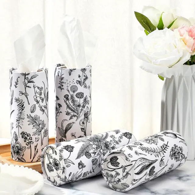 Alt view image 3 of 7 - 16 Pcs Vintage Floral Round Tissues Box Car Holder with Facial Tissue Bulk Black Flower Travel Tubes for Car with 50 Sheets Christmas Cylinder Face Towel Fit for Cup Holder Round Container