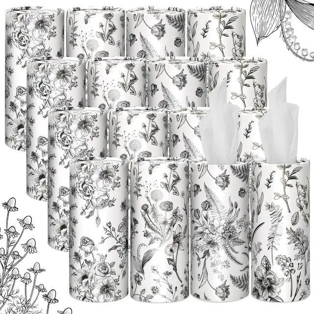 Main image of 16 Pcs Vintage Floral Round Tissues Box Car Holder with Facial Tissue Bulk Black Flower Travel Tubes for Car with 50 Sheets Christmas Cylinder Face Towel Fit for Cup Holder Round Container