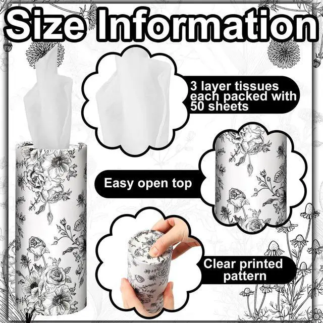 Alt view image 6 of 7 - 16 Pcs Vintage Floral Round Tissues Box Car Holder with Facial Tissue Bulk Black Flower Travel Tubes for Car with 50 Sheets Christmas Cylinder Face Towel Fit for Cup Holder Round Container