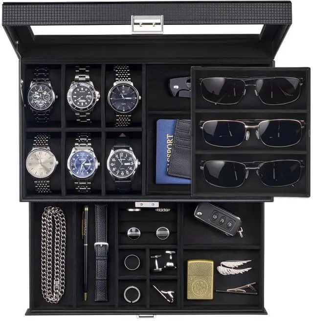 Main image of Mens Jewelry Box, Lockable 6 Slot Watch Case & 3 Slot Sunglasses Organizer, 2-layer Mens Jewelry Organizer Watch Box for Men, Watches Holder Display Storage, Fathers Day Gift -AllBlack