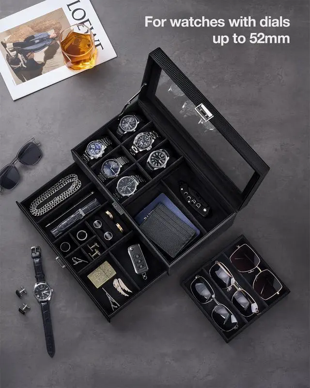 Alt view image 2 of 7 - Mens Jewelry Box, Lockable 6 Slot Watch Case & 3 Slot Sunglasses Organizer, 2-layer Mens Jewelry Organizer Watch Box for Men, Watches Holder Display Storage, Fathers Day Gift -AllBlack