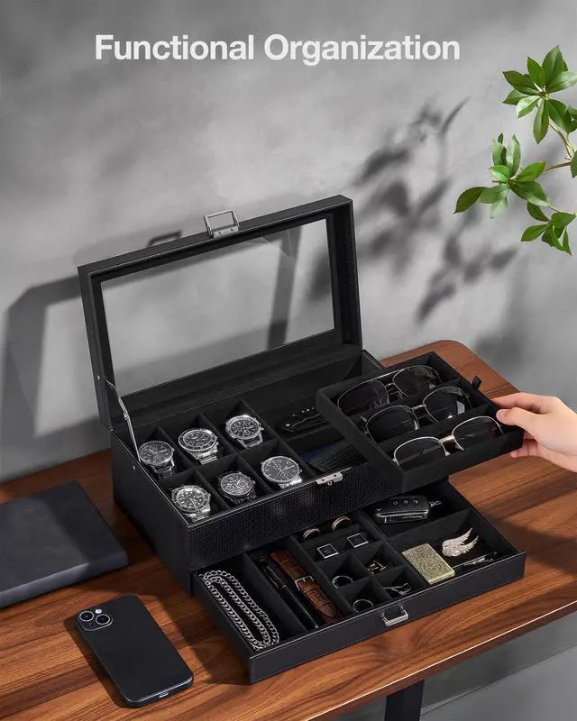 Alt view image 3 of 7 - Mens Jewelry Box, Lockable 6 Slot Watch Case & 3 Slot Sunglasses Organizer, 2-layer Mens Jewelry Organizer Watch Box for Men, Watches Holder Display Storage, Fathers Day Gift -AllBlack