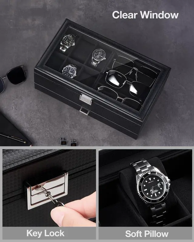 Alt view image 5 of 7 - Mens Jewelry Box, Lockable 6 Slot Watch Case & 3 Slot Sunglasses Organizer, 2-layer Mens Jewelry Organizer Watch Box for Men, Watches Holder Display Storage, Fathers Day Gift -AllBlack