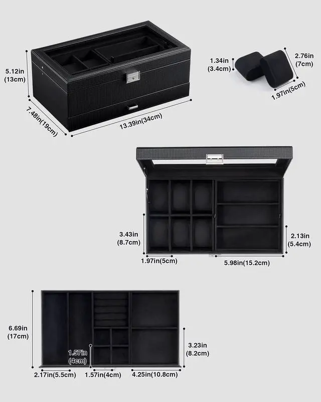 Alt view image 6 of 7 - Mens Jewelry Box, Lockable 6 Slot Watch Case & 3 Slot Sunglasses Organizer, 2-layer Mens Jewelry Organizer Watch Box for Men, Watches Holder Display Storage, Fathers Day Gift -AllBlack