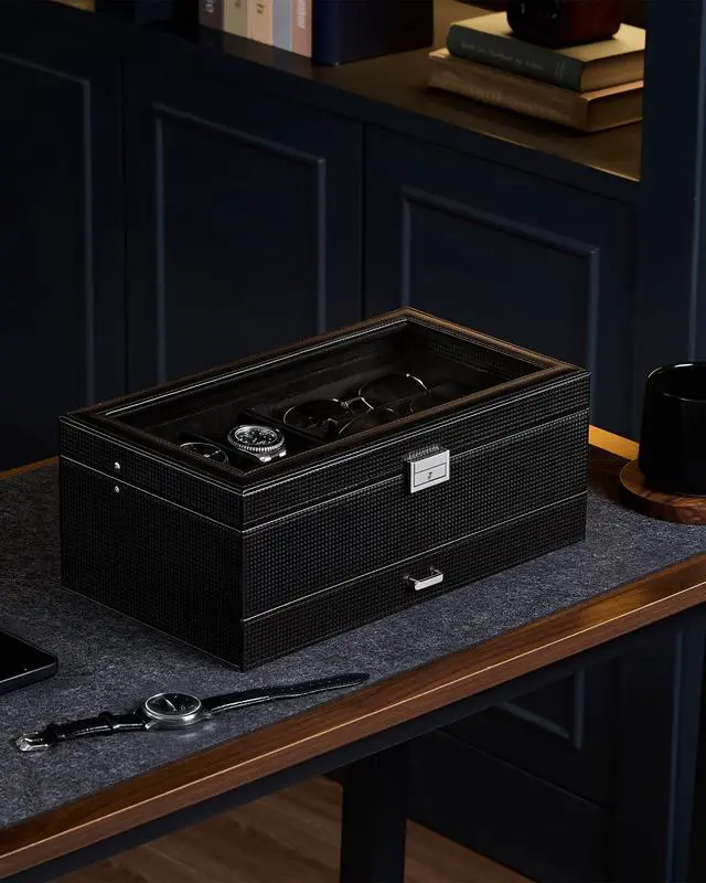 Alt view image 4 of 7 - Mens Jewelry Box, Lockable 6 Slot Watch Case & 3 Slot Sunglasses Organizer, 2-layer Mens Jewelry Organizer Watch Box for Men, Watches Holder Display Storage, Fathers Day Gift -AllBlack