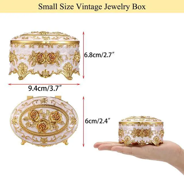 Alt view image 2 of 7 - Vintage Metal Jewelry Box - Oval Trinket Organizer Ring Box Case with Rose Pattern Jewelry Storage Box for Ring Earrings Necklace, Gift for Women