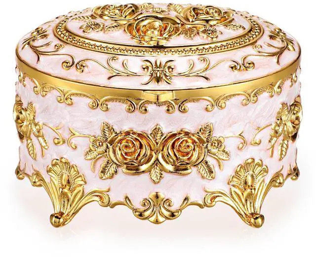 Main image of Vintage Metal Jewelry Box - Oval Trinket Organizer Ring Box Case with Rose Pattern Jewelry Storage Box for Ring Earrings Necklace, Gift for Women