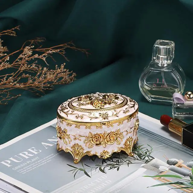 Alt view image 3 of 7 - Vintage Metal Jewelry Box - Oval Trinket Organizer Ring Box Case with Rose Pattern Jewelry Storage Box for Ring Earrings Necklace, Gift for Women