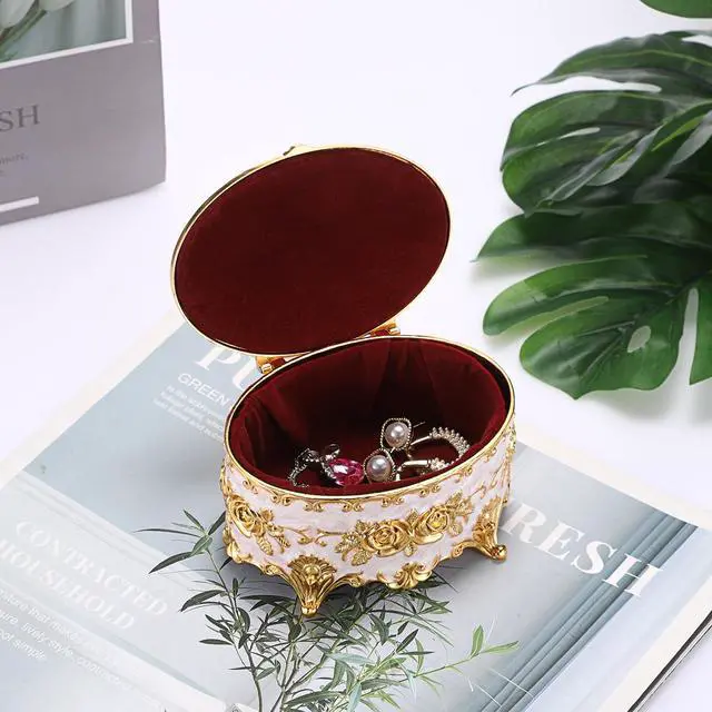 Alt view image 4 of 7 - Vintage Metal Jewelry Box - Oval Trinket Organizer Ring Box Case with Rose Pattern Jewelry Storage Box for Ring Earrings Necklace, Gift for Women