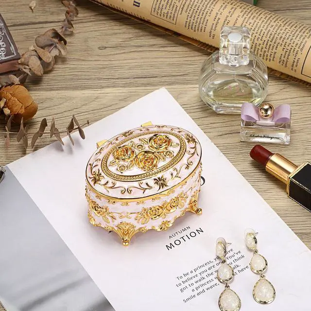 Alt view image 6 of 7 - Vintage Metal Jewelry Box - Oval Trinket Organizer Ring Box Case with Rose Pattern Jewelry Storage Box for Ring Earrings Necklace, Gift for Women