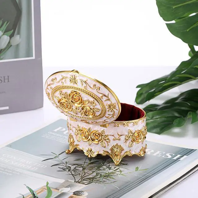 Alt view image 7 of 7 - Vintage Metal Jewelry Box - Oval Trinket Organizer Ring Box Case with Rose Pattern Jewelry Storage Box for Ring Earrings Necklace, Gift for Women