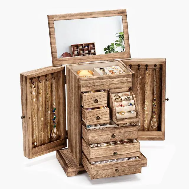 Main image of Jewelry Box for Women, Rustic Wooden Jewelry Boxes & Organizers with Mirror & Drawers,6 Layer Jewelry Organizer Box for Rings Earrings Necklaces Bracelets (Carbonized Black)