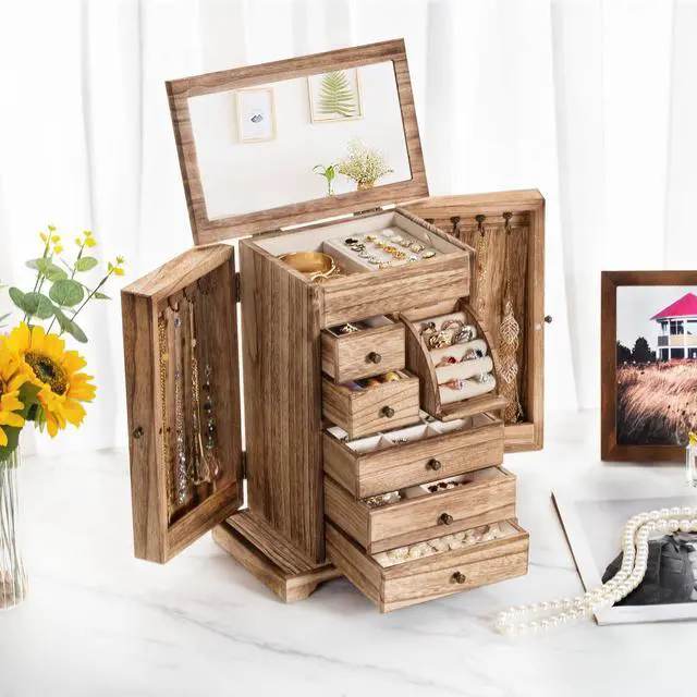 Alt view image 2 of 7 - Jewelry Box for Women, Rustic Wooden Jewelry Boxes & Organizers with Mirror & Drawers,6 Layer Jewelry Organizer Box for Rings Earrings Necklaces Bracelets (Carbonized Black)