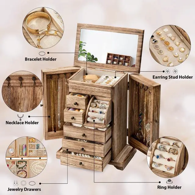Alt view image 3 of 7 - Jewelry Box for Women, Rustic Wooden Jewelry Boxes & Organizers with Mirror & Drawers,6 Layer Jewelry Organizer Box for Rings Earrings Necklaces Bracelets (Carbonized Black)