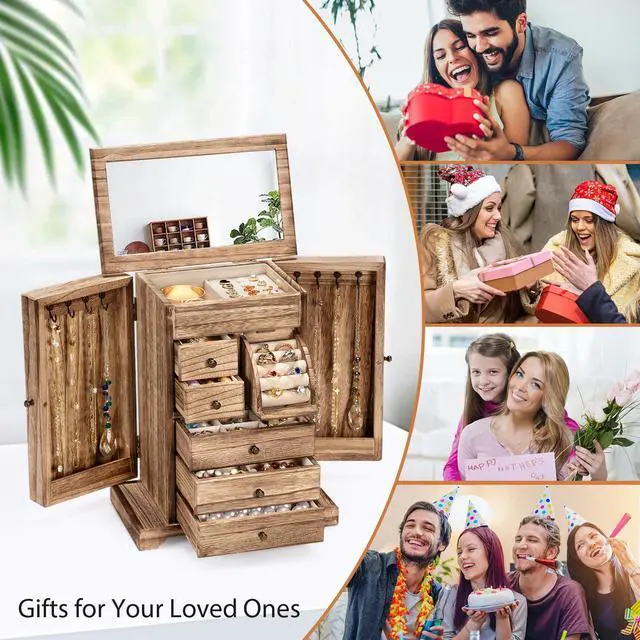 Alt view image 4 of 7 - Jewelry Box for Women, Rustic Wooden Jewelry Boxes & Organizers with Mirror & Drawers,6 Layer Jewelry Organizer Box for Rings Earrings Necklaces Bracelets (Carbonized Black)