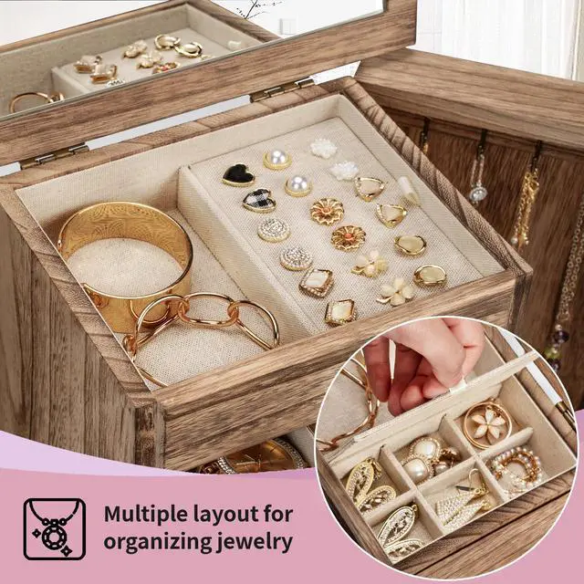 Alt view image 5 of 7 - Jewelry Box for Women, Rustic Wooden Jewelry Boxes & Organizers with Mirror & Drawers,6 Layer Jewelry Organizer Box for Rings Earrings Necklaces Bracelets (Carbonized Black)