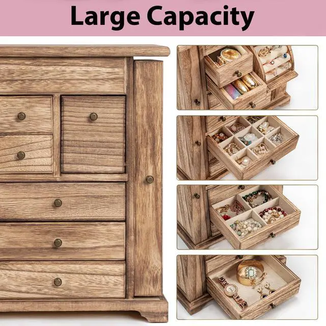 Alt view image 6 of 7 - Jewelry Box for Women, Rustic Wooden Jewelry Boxes & Organizers with Mirror & Drawers,6 Layer Jewelry Organizer Box for Rings Earrings Necklaces Bracelets (Carbonized Black)