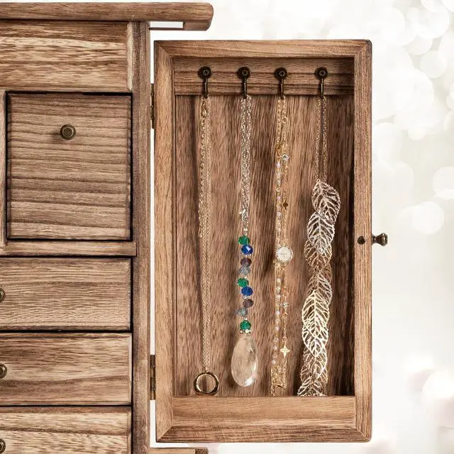Alt view image 7 of 7 - Jewelry Box for Women, Rustic Wooden Jewelry Boxes & Organizers with Mirror & Drawers,6 Layer Jewelry Organizer Box for Rings Earrings Necklaces Bracelets (Carbonized Black)