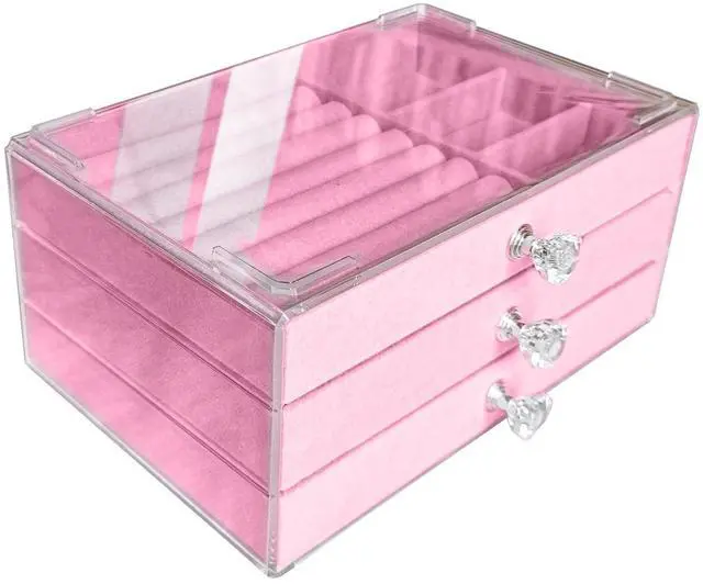Main image of Clear Acrylic Velvet Jewelry Organizer with 3 Drawers, Stackable Display Storage Earrings Necklace Rings Bracelets Box Holder Case for Women, Pink