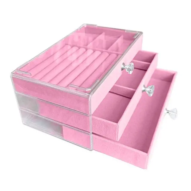 Alt view image 2 of 6 - Clear Acrylic Velvet Jewelry Organizer with 3 Drawers, Stackable Display Storage Earrings Necklace Rings Bracelets Box Holder Case for Women, Pink