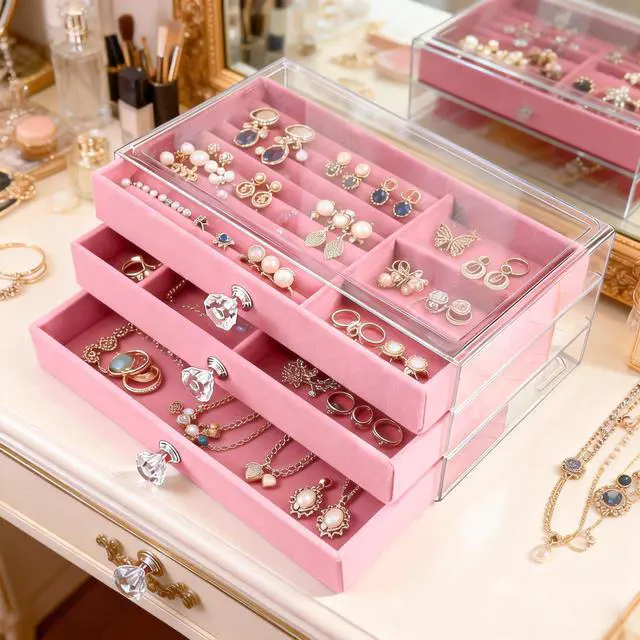 Alt view image 3 of 6 - Clear Acrylic Velvet Jewelry Organizer with 3 Drawers, Stackable Display Storage Earrings Necklace Rings Bracelets Box Holder Case for Women, Pink