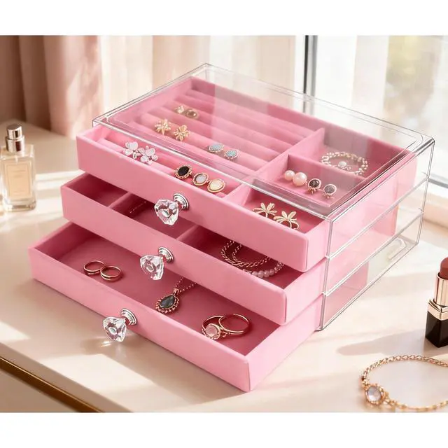 Alt view image 4 of 6 - Clear Acrylic Velvet Jewelry Organizer with 3 Drawers, Stackable Display Storage Earrings Necklace Rings Bracelets Box Holder Case for Women, Pink