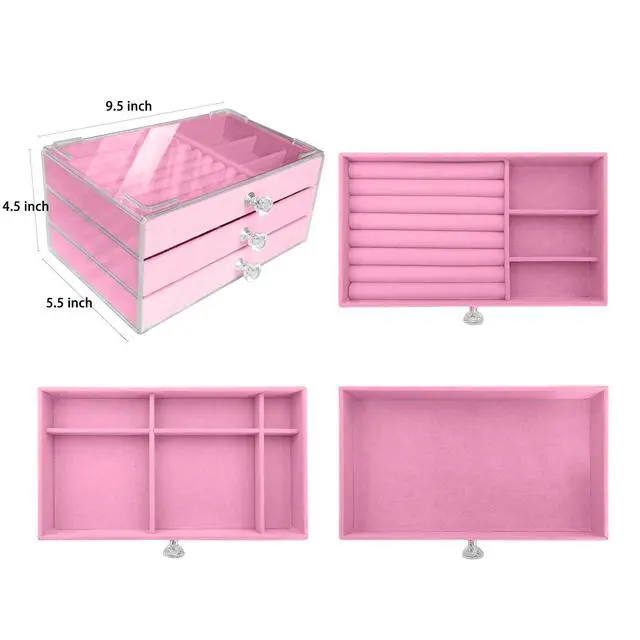 Alt view image 5 of 6 - Clear Acrylic Velvet Jewelry Organizer with 3 Drawers, Stackable Display Storage Earrings Necklace Rings Bracelets Box Holder Case for Women, Pink