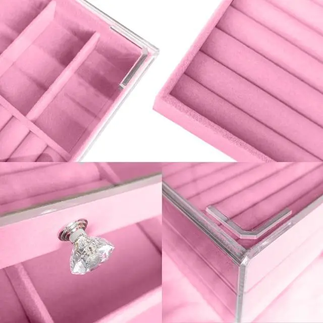 Alt view image 6 of 6 - Clear Acrylic Velvet Jewelry Organizer with 3 Drawers, Stackable Display Storage Earrings Necklace Rings Bracelets Box Holder Case for Women, Pink