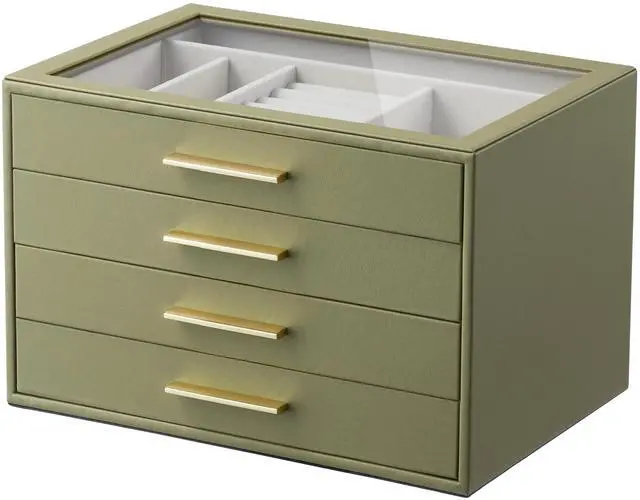 Main image of Jewelry Box Organizer Case for Women: 4-Layer Jewelry Storage Case with Glass Window, Olive Green Leather with Cream Velvet, Holder for Ring Necklace Bracelet Brooch Watch, Great Gift for Her